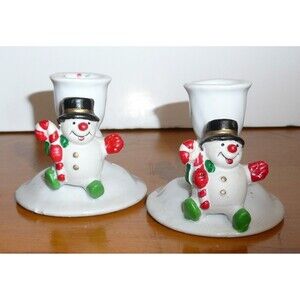 Set of Snowmen with Candy Cane Tapered Candle Holders Small Ceramic Christmas